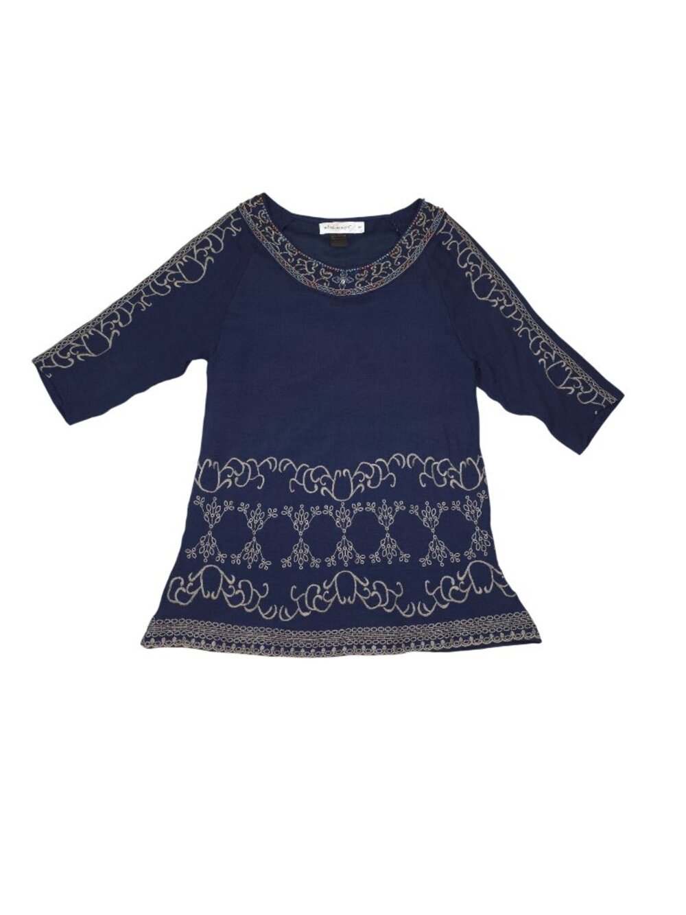 Urban Mangoz Womens M Navy Blue Embroidered 3/4 Sleeve Tunic Top Boho